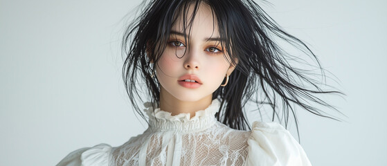 model with flowing hair poses dynamically in studio setting, showcasing beauty and elegance. soft lighting highlights her features and delicate fabric of her outfit