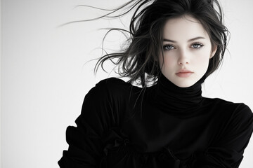 model with flowing hair poses dynamically in black turtleneck, exuding elegance and confidence. studio backdrop enhances striking features and expression