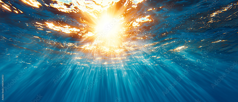 Poster beneath ocean surface, sunlight filters through water, creating serene and tranquil atmosphere. vibr