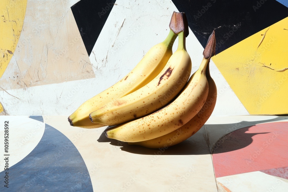 Poster a bunch of ripe bananas sits prominently on a colorful abstract backdrop with geometric shapes, show