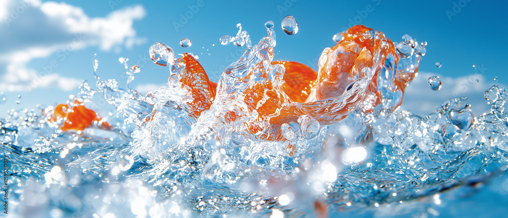 Poster fresh oranges splashing in clear water, creating dynamic waves and droplets under bright blue sky. s