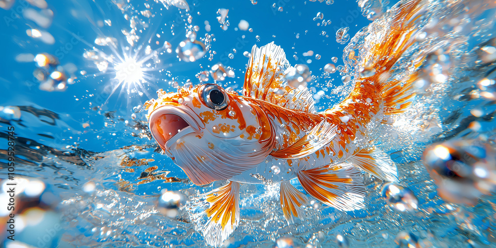 Poster vibrant orange and white goldfish swimming underwater, surrounded by bubbles and sunlight filtering 