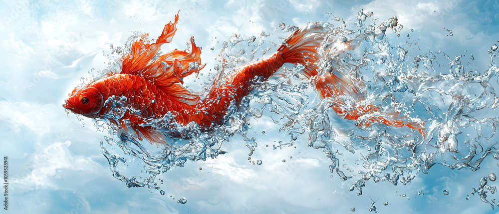 Poster vibrant orange goldfish swims gracefully through sparkling water, creating dynamic splashes and ripp