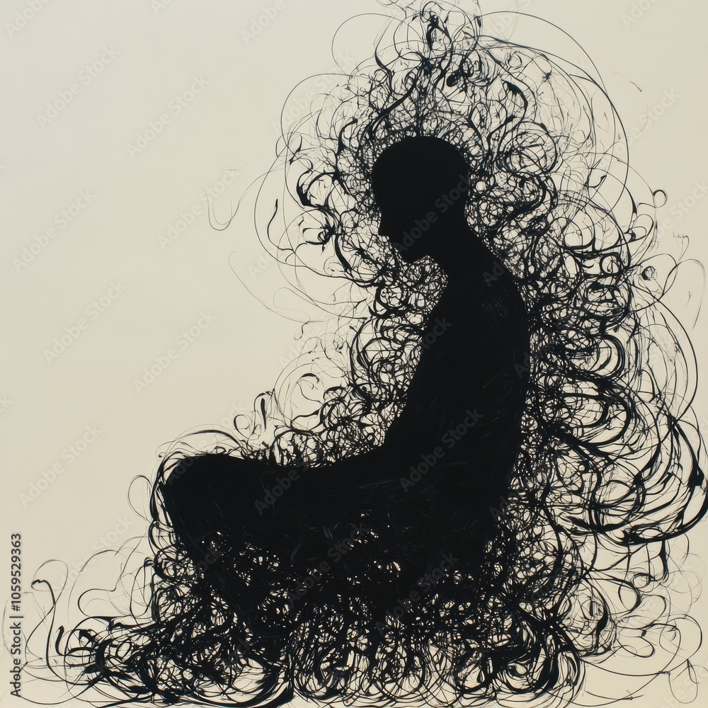 Aufkleber A solitary figure sits quietly amidst a dynamic swirl of abstract lines, symbolizing introspection and the complexity of thought. Generative AI