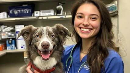 A veterinarian smiles happily while holding a dog at a veterinary clinic
