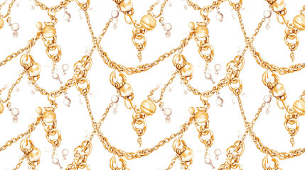 Watercolor seamless pattern featuring vintage golden chains and beads with baroque ornaments ideal for fashion print design