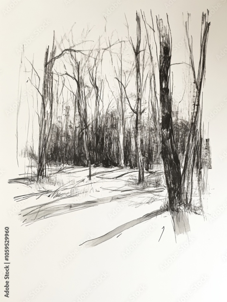 Poster a detailed black ink sketch reveals a dense forest, highlighting intricate tree structures and strik
