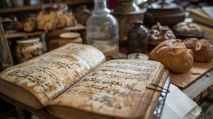 Open ancient recipe book laying on a rustic wooden table with loaves of bread and vintage bottles, creating a cozy atmosphere