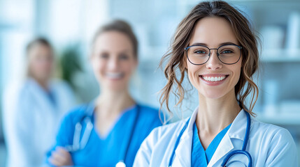 Fototapeta premium smiling female doctor in white coat with glasses, surrounded by healthcare professionals in bright clinic. Their teamwork ensures patient care and support