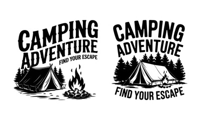 Camping Adventure T-Shirt Design &ndash; Eye-Catching Graphic Featuring Tents, Campfires, and Bold Typography with 'Find Your Escape,' Perfect for Outdoor Enthusiasts and Nature Lovers, Ready to Print