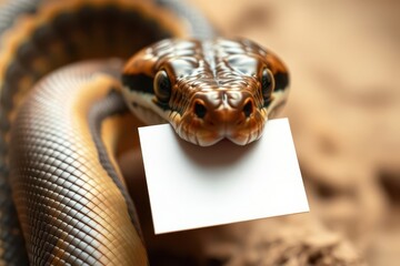 Fototapeta premium Snake holding a white card in its mouth, smooth shiny scales, curious expression, softly blurred background, high detail, perfect for exotic pet photography and unique animal theme