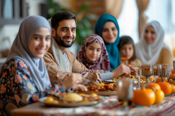 The table is filled with food, including a variety of dishes and bowls