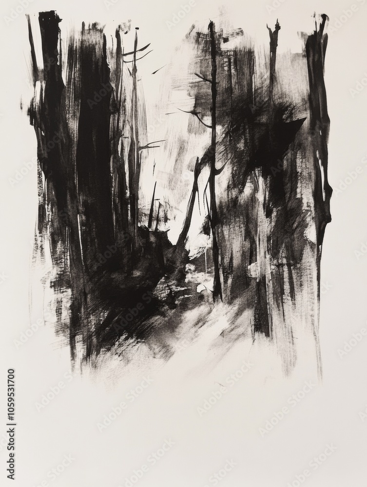 Poster a dense forest with beautifully detailed trees and shadows, evoking a mysterious twilight atmosphere