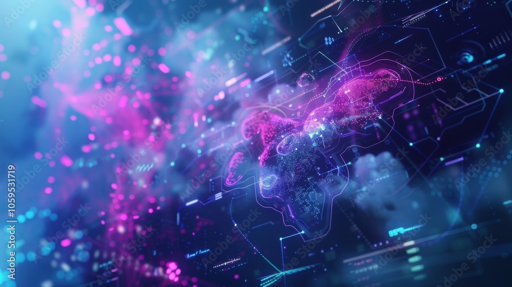 Poster complex digital world map visualization displaying interconnected nodes, data streams, and technolog