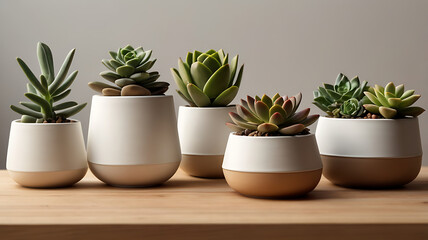 A variety of succulents in minimalistic white and beige ceramic pots