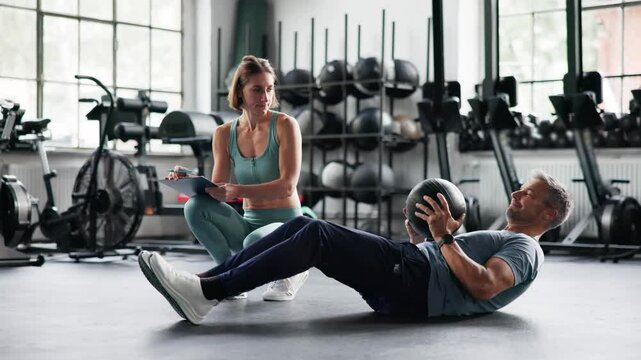 Personal Trainer Showing Abdominal Sit Up Workout In Gym