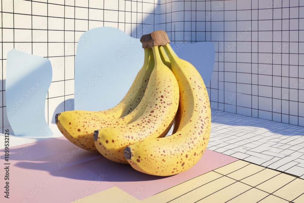 Fototapete A bunch of ripe bananas rests on a colorful surface surrounded by abstract geometric shapes and soft shadows, creating a vibrant atmosphere. Generative AI