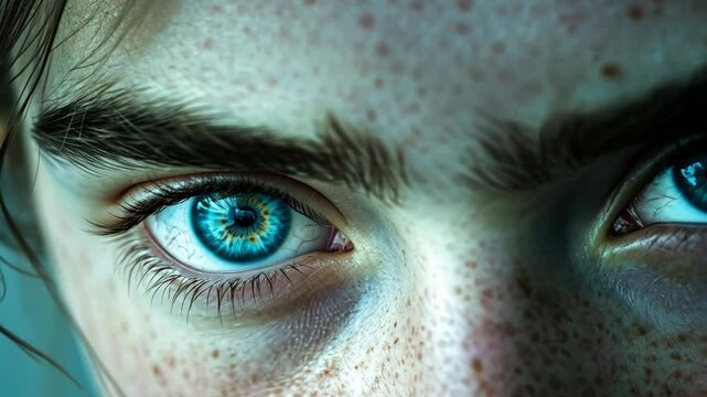 A close-up image of a person's blue eye with a ring of color around the pupil