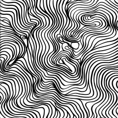 Abstract black and white line patterns create a dynamic visual flow, evoking a sense of movement and texture.
