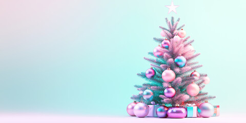 Christmas Tree with Holographic Ornaments: Soft light blue gradient backdrop