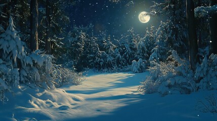 Moonlit winter wonderland a serene snowy forest scene