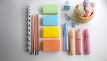 A set of pastel colored stationery, including pencils, pens, and sticky notes, isolated white background
