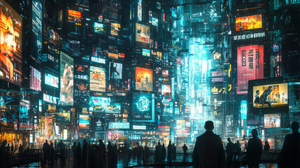 Futuristic cityscape filled with neon lights and digital billboards, bustling with silhouetted figures