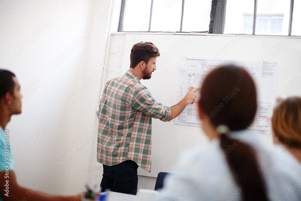 Poster engineering, board or people in presentation for blueprint, teamwork or startup project management. 