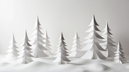 Obraz premium Snowy woodland scene in delicate white paper art style. Perfect for seasonal and holiday themes