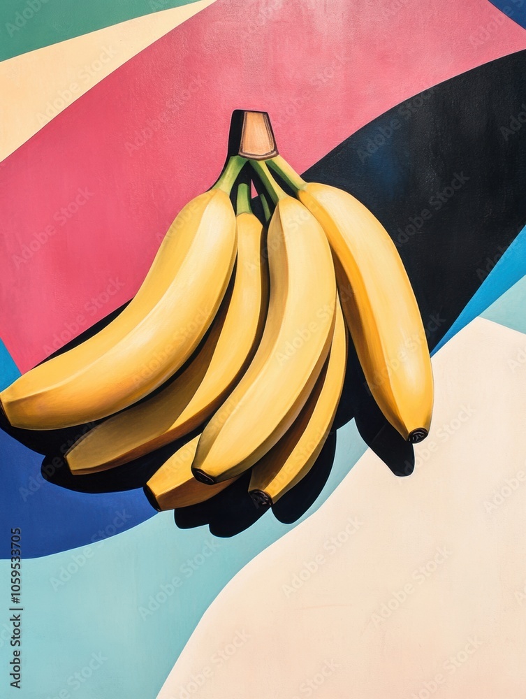 Poster ripe bananas are creatively arranged against a colorful abstract geometric background featuring bold