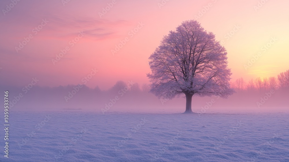 Poster A solitary tree stands in a snowy field at dawn, enveloped in soft fog. The pastel colors of the sky create a serene and tranquil atmosphere.