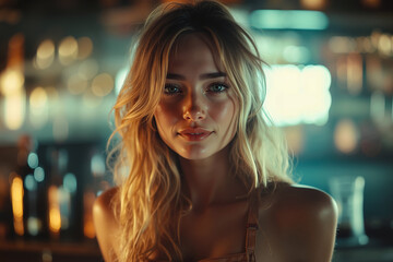 Fototapeta premium A woman with long blonde hair standing in front of a bar