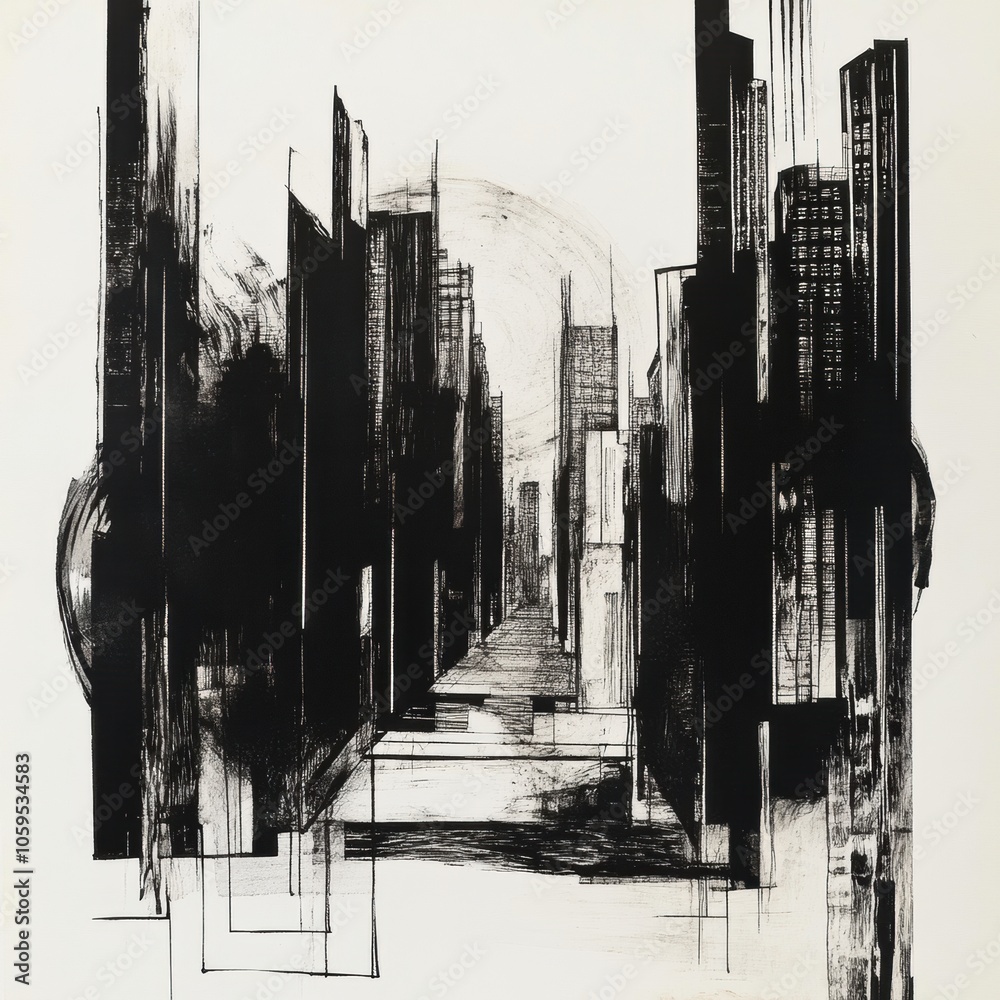 Poster this artwork illustrates a minimalist urban landscape in black ink, highlighting towering structures