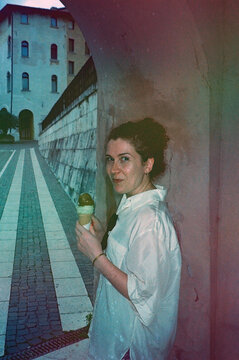A woman in Italy with an ice cream