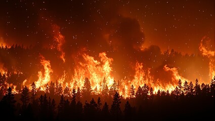 Devastating wildfire engulfs forest with towering flames and swirling embers under a dark smoky sky
