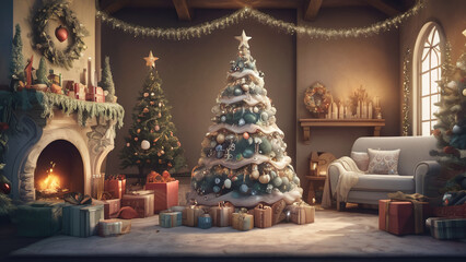 Fototapeta premium Indoor decorated christmas tree with wrapped present boxes