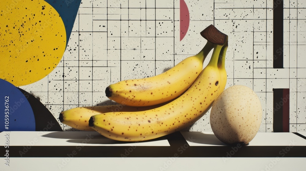 Poster ripe bananas are placed alongside a textured fruit on a lively background featuring bold geometric s