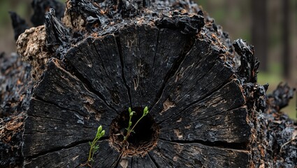 Fototapeta premium Resilient green shoots emerging from charred tree trunk after fire