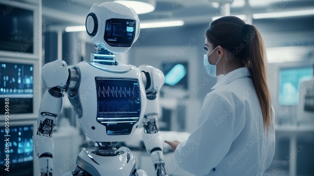 Poster exploring the future of healthcare a scientist's interaction with advanced robotics in a high-tech l