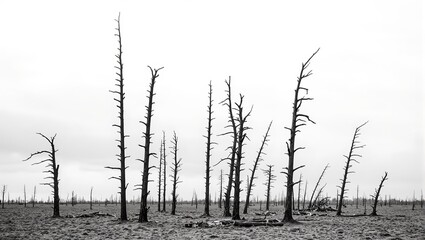 Fototapeta premium Eerie landscape with twisted trees on barren ground under gray skies