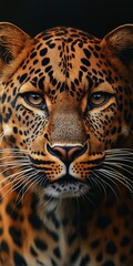 Obraz premium A close up of a leopard's face with its eyes open. The image is in black and white