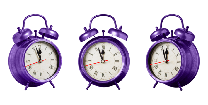 set collection retro clock, watch, pointer clock, Purple, violet color alarm clock on isolated white background close up