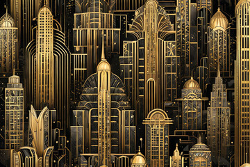 Art deco skyscraper cityscape in graphic style