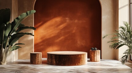 Elegant modern interior design featuring rich earthy tones and lush greenery for a tranquil space