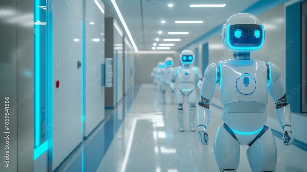 Poster exploring the future of robotics a glimpse into an advanced automated corridor filled with humanoid 