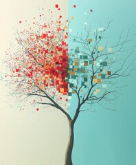 Artistic representation of a tree with colorful squares transitioning from life to decay.
