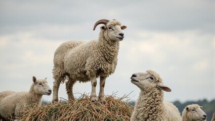 Fototapeta premium Eloquent sheep atop haystack inspiring flock below with dramatic wool