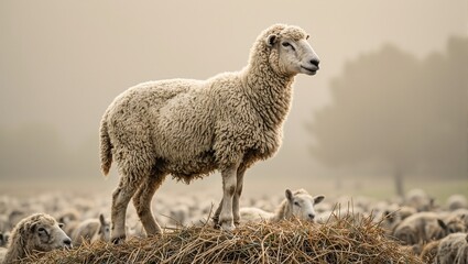 Fototapeta premium Eloquent sheep atop haystack inspiring flock below with dramatic wool