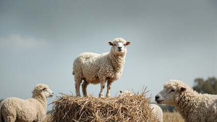 Fototapeta premium Eloquent sheep atop haystack inspiring flock below with dramatic wool