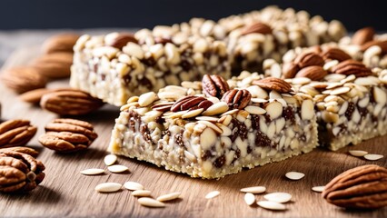 Nutty energy bars with almonds and pecans: delicious snack on wooden board